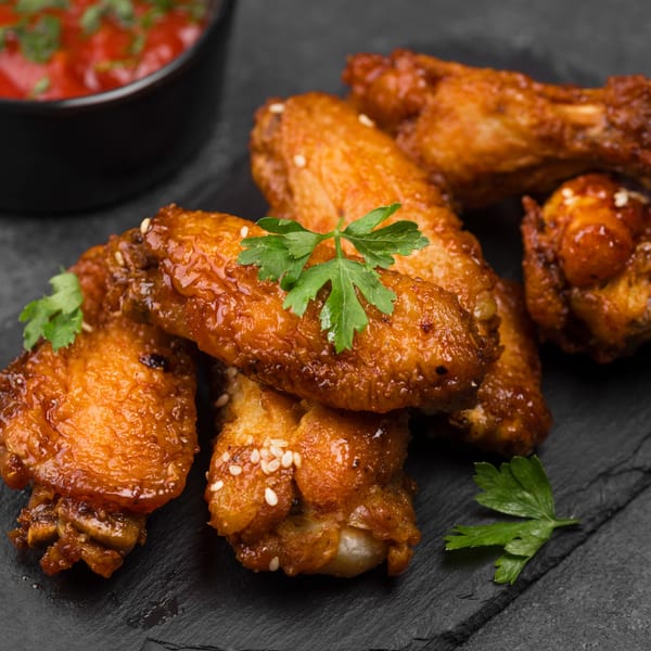 Oven King Pizza's crispy chicken wings with sesame seeds and parsley, served with a red dipping sauce.