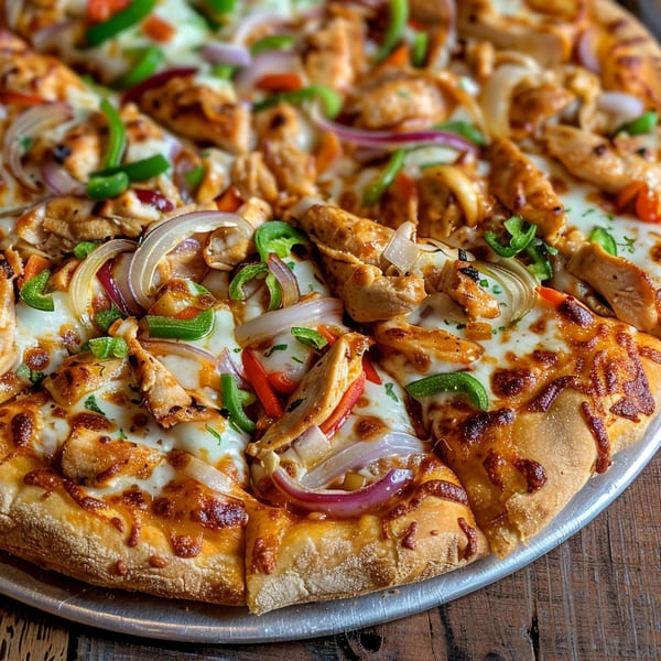 Oven King Pizza's BBQ chicken pizza with red onions, green peppers, and melted cheese.