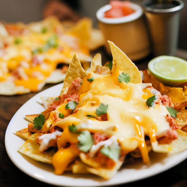 Plates of Oven King Pizza nachos with melted cheese, meat, cilantro, and a lime wedge.