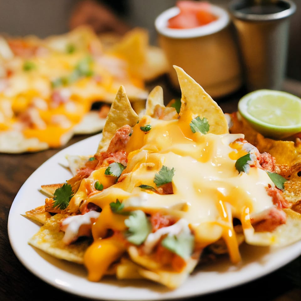 Plates of Oven King Pizza nachos with melted cheese, meat, cilantro, and a lime wedge.